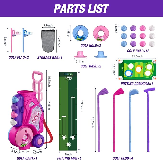 2 in 1 Toddler Golf Set 2-4 Years, Upgraded Kids Plastic Golf Clubs with 12 Balls, Cornhole Board & Putting Mat, Shoulder Strap, Indoor Outdoor Sport Toys Gift for Baby Boys Girls Aged 3-5, Pink
