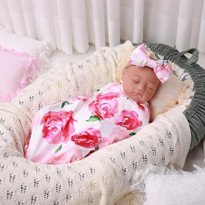 BABESIDE Reborn Baby Doll Blanket with Headband for 17-24 Inch Babydolls, Reborn Baby Doll Accessories Swaddle Blanket Set for Realistic Babydolls Girl, Pink Floral Pattern
