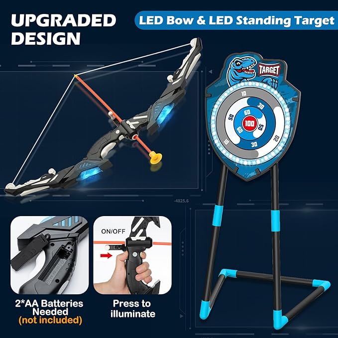 2 Pack Kids LED Archery Set with Standing Target, 20 Suction Cup Arrows Bow and Arrow for Kids 3-12, Indoor Outdoor Sport Toy for Boys Girls