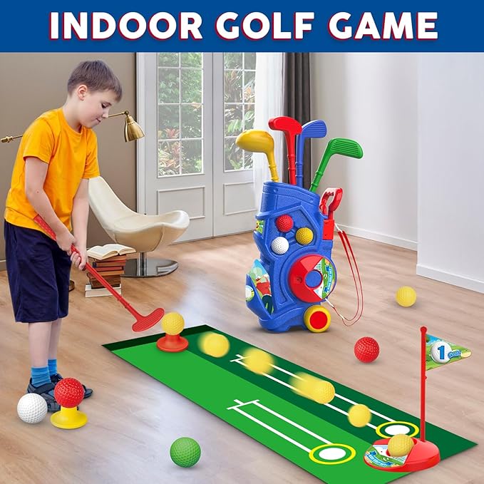 Letapapa Toddler Golf Set, Upgraded Kids Golf Clubs with Putting Mat, Toys for Boys 3 4 5+ Years Old, Indoor Outdoor Sports Golf Toys with 4 Clubs, 8 Balls, 2 Practice Holes, Shoulder Strap, 20 PCS