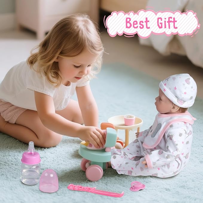 Reborn Baby Doll Clothes with Bassinet and Reusable Diaper Accessories 10-Piece Set fit 17-22 Inch Baby Dolls Girl, Pink Newborn Dolls Girl Outfits Cute Elephant Patterns Design