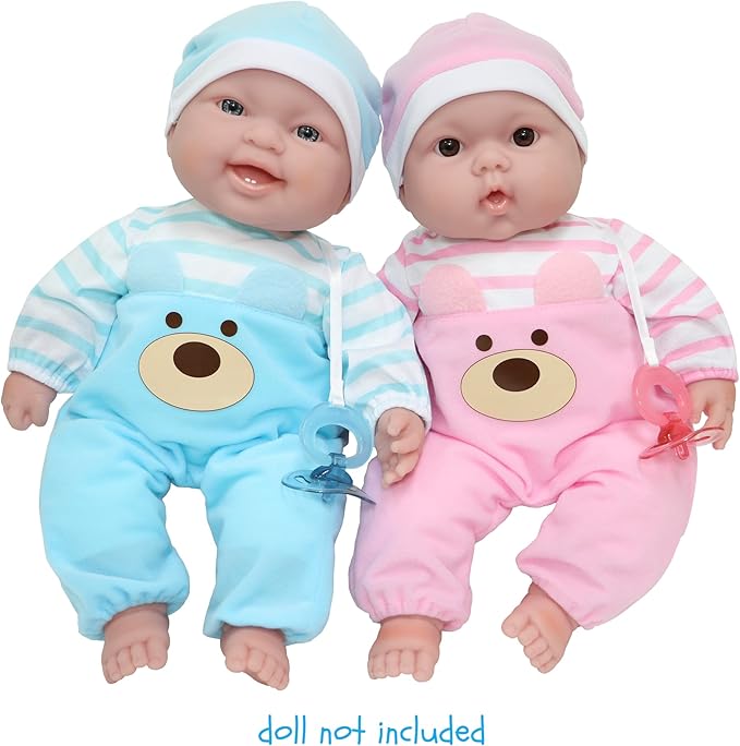 JC Toys | Pink Bear Onesie | Baby Doll Outfit + Hat + Pacifier | | Ages 2+ | Fits Dolls 12"- 14"