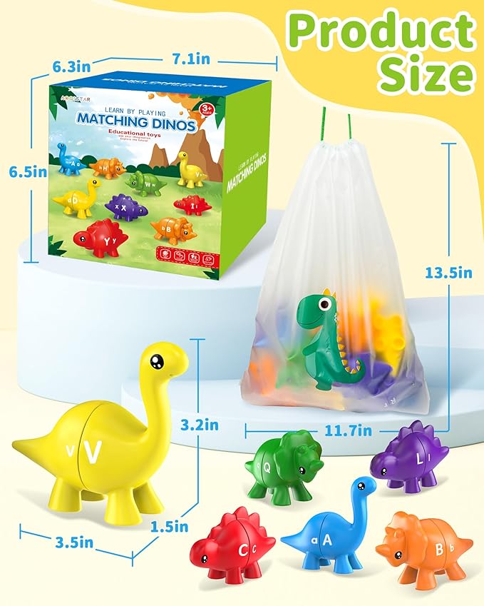 Walenty 26PCS Dinosaur Alphabet Learning Toys for Toddlers Kids 3-5, Montessori Educational Toys Gifts for 3 4 5 Year Old Boy Girl, Preschool Learning Activities, Double Sided ABC Matching Game