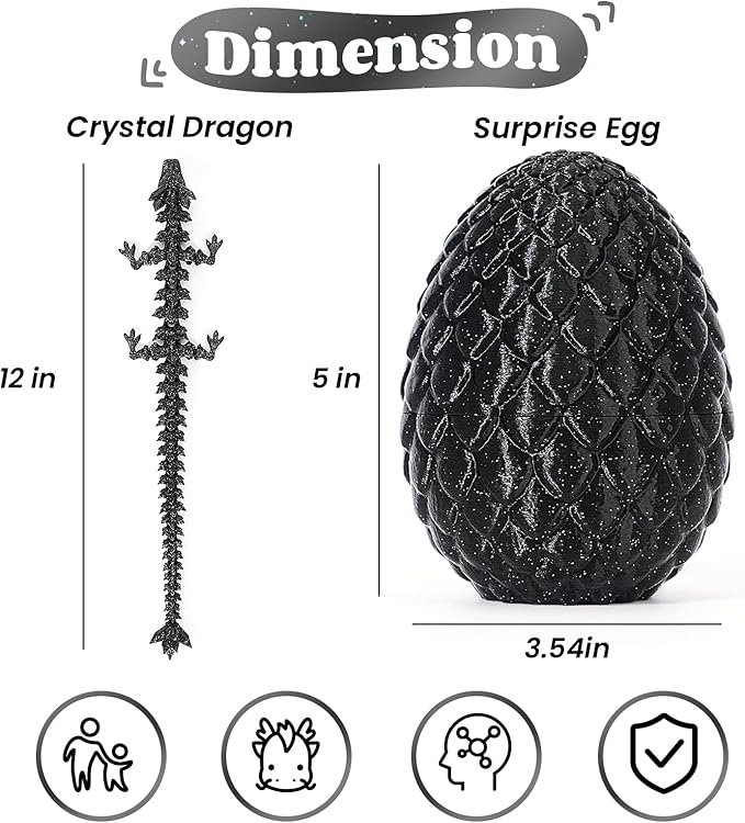3D Printed Dragon Egg, Mystery Crystal Dragon Fidget Toys Surprise, Easter Eggs Articulated Crystal Dragons (Black Shimmer)