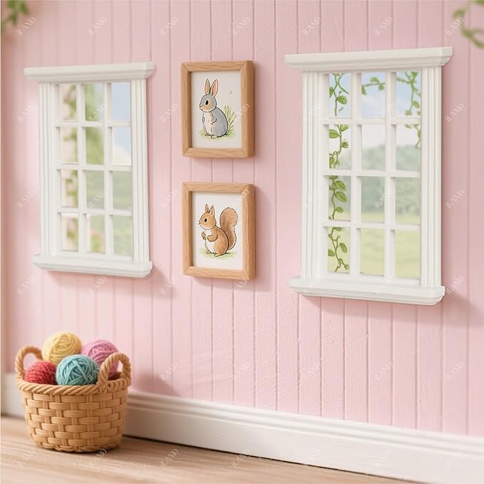 iLAND 1/12 Scale Accessories of Dollhouse Windows 2pcs White Solid Wood DIY Dollhouse Building Supplies Complete Classic Miniature Windows Kit w/Wooden Frame & Acrylic Panel