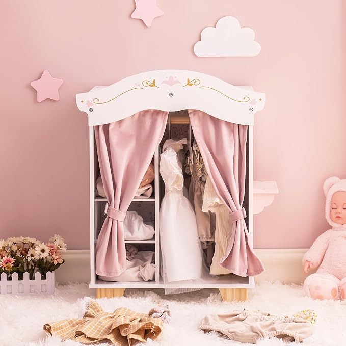 ROBUD Wooden Play Armoire Closet for Dolls, Doll Closet Furniture Wardrobe with 5 Hangers, Mirror, Velvet Curtains, Fits 16–20 Inch Dolls & Doll Clothes, Gift for Boys & Girls Ages 3+