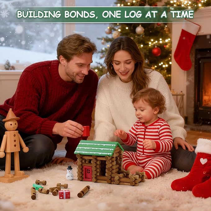SainSmart Jr. Wooden Logs Set 182 Pcs Building House Toy for Toddlers with Christmas Tree Logs, Classical STEM Construction Kit Compatible with Lincoln Logs for 3+ Kids