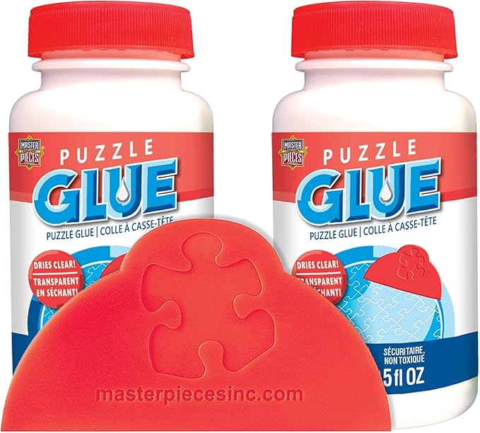 MasterPieces – Puzzle Glue with Wide Plastic Spreader, Easy to Apply, Dries Quick and Clear, Protects Finished Jigsaw Puzzles, Water-Soluble, 2 Pack, 5 oz Each