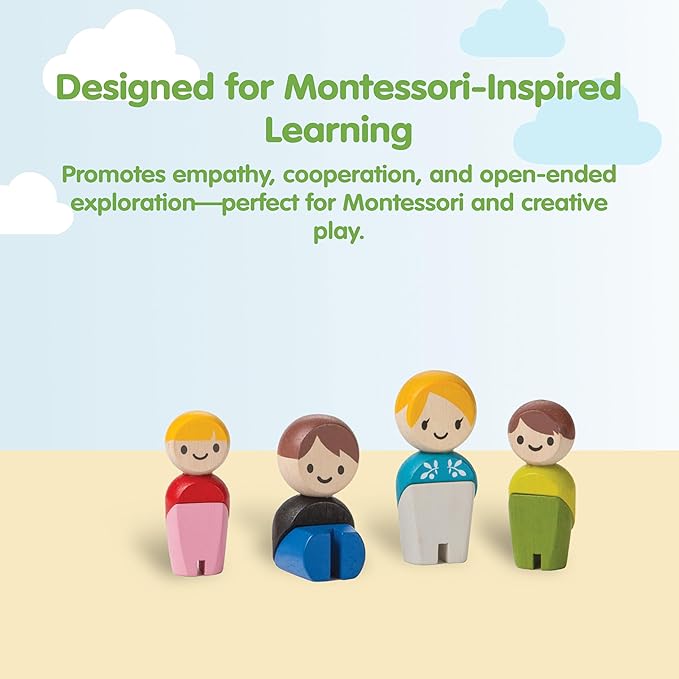 PlanToys® Family Wooden Dollhouse Figurine Set | 4 Poseable 1:12 Scale Mini Dolls (Parents & Kids) | Dollhouse Accessories for Pretend Play | Eco-Friendly Montessori Toy for Kids Ages 3+