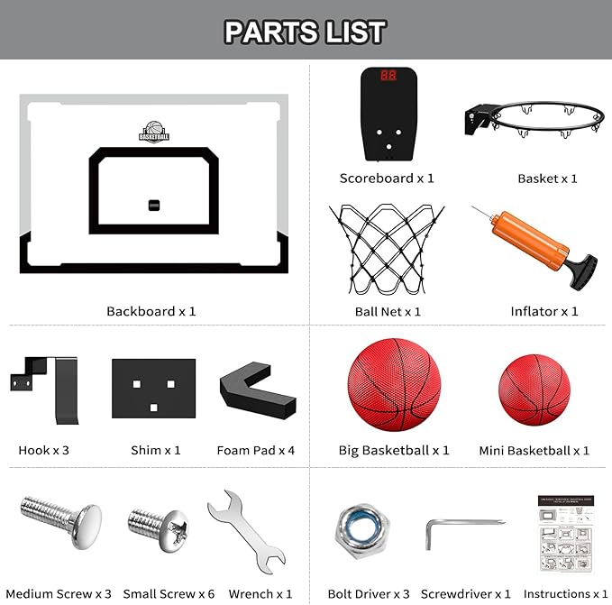 24" x 16" Large Basketball Hoop Indoor for Adults, Over The Door Basketball Hoop with Sturdy Backboard/Electronic Scoreboard, Basketball Toys Gifts Ideas for Man Kids Teens Boys Girls, Black