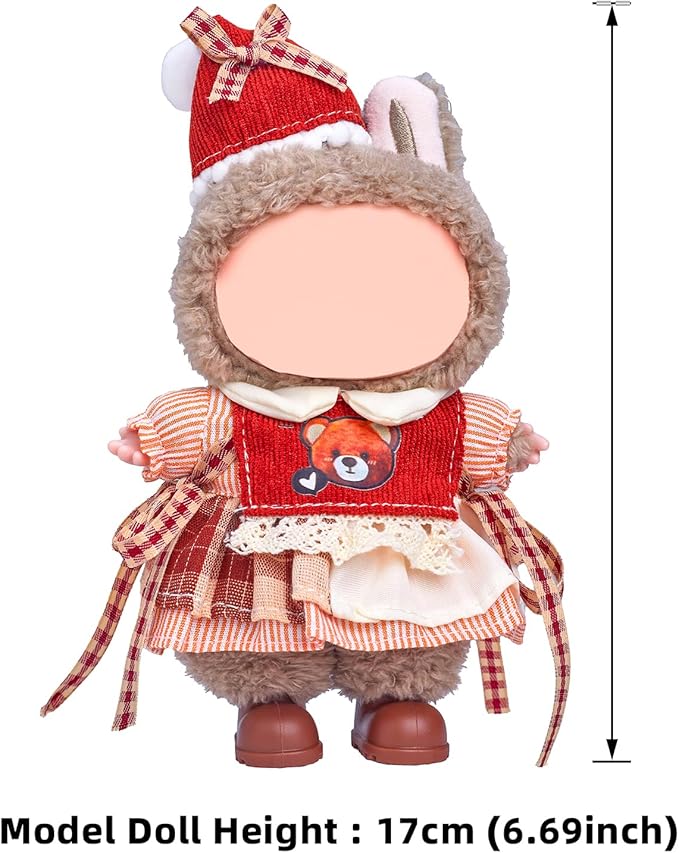 Clothes for Labubu 17cm Doll (NO Doll), 4 Piece Labubu Clothes Set, Cute Labubu Outfits with Accessories, Handmade Crochet La Bubu Doll Dress Up Set(Party Bear)