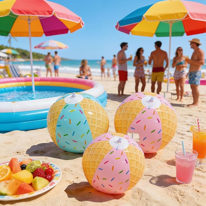 12 Pack Ice Cream Themed Beach Ball Blue Pink 7.87 Bulk for Summer Pool and Beach Game Gifts Birthday Party Supplies Decorations Favor