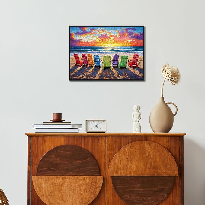 Beach Puzzles for Adults 500 Pieces - Colorful Puzzles Beach Lounge Chair Scene, Summer Jigsaw Puzzle with Letters on Back, Challenging Hard Difficult Sunset Landscape Puzzle as Home Coast Art Decor