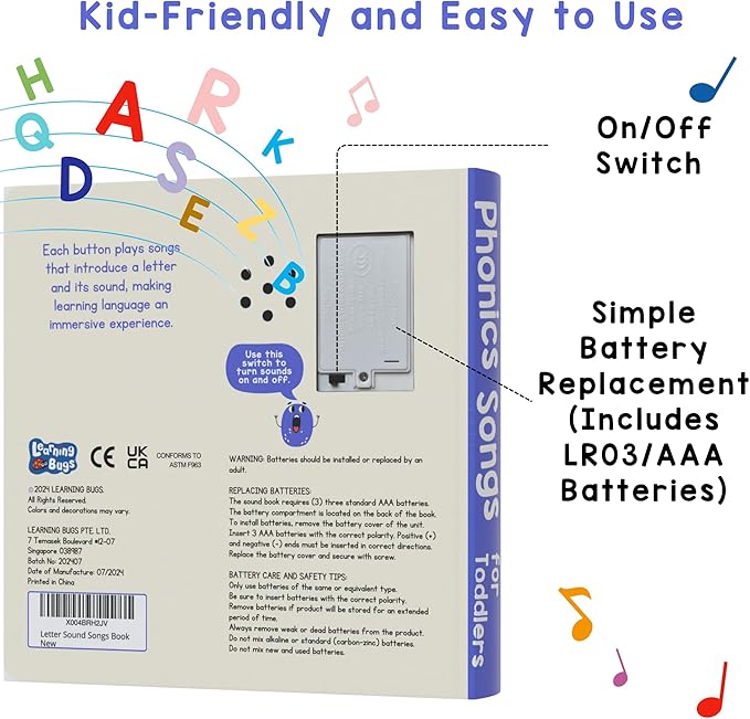 LEARNING BUGS Phonics Songs Book, 26 Letter Sound Songs, Preschool & Kindergarten Learn to Read for 3 Year olds, Perfect Toy and Gift for Toddlers Ages 2+