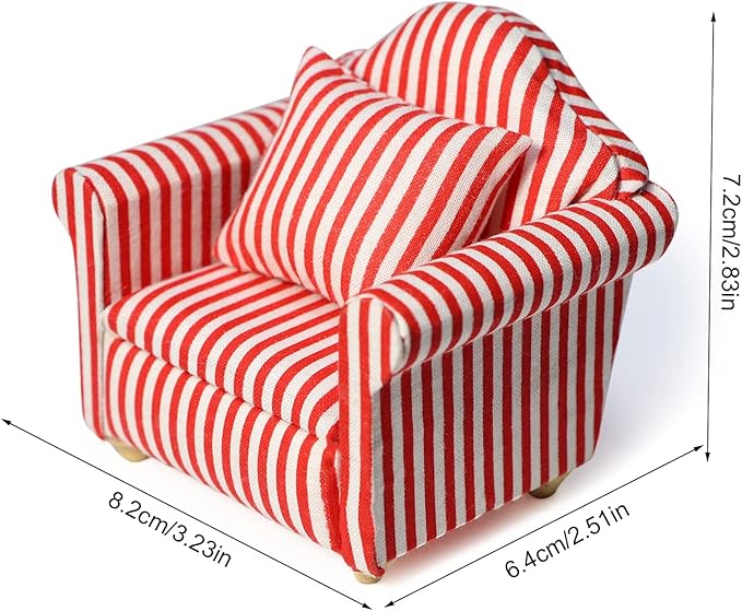 Dollhouse Couch with Pillow 1 12 Scale Miniature Sofa Arm Chair Living Room Furniture Wooden Fabric Frame Single Reading Chair Artificial House Room Scene Decoration (Stripe)