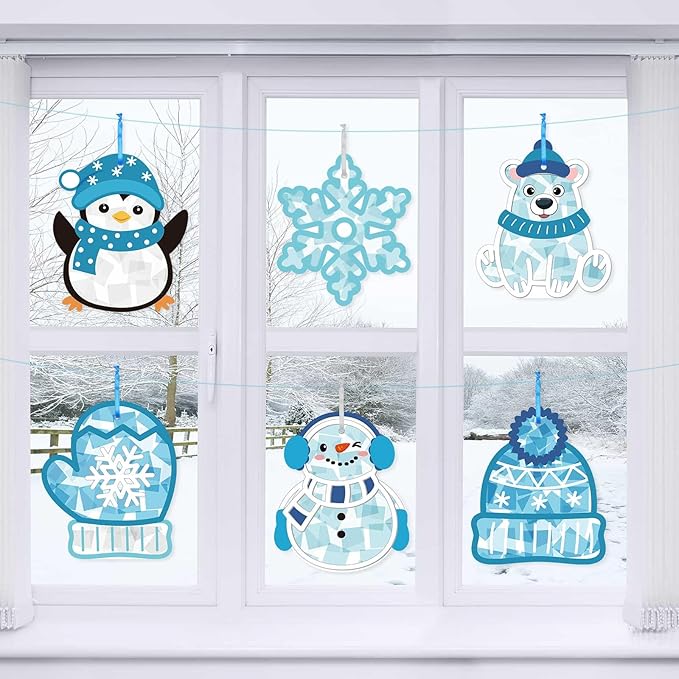 Feifeiya 24 Set Winter Suncatchers Crafts DIY Window Tissue Paper Suncatchers Winter Craft Make Your Own Hanging Ornaments for Christmas Holiday School Party Activities Art Projects