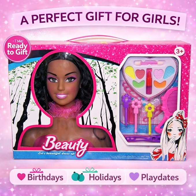 Liberty Imports African American Black Makeup and Hair Styling Doll Head Toy Playset with Real Washable Cosmetic and Fashion Dress Up Accessories for Girls Pretend Play