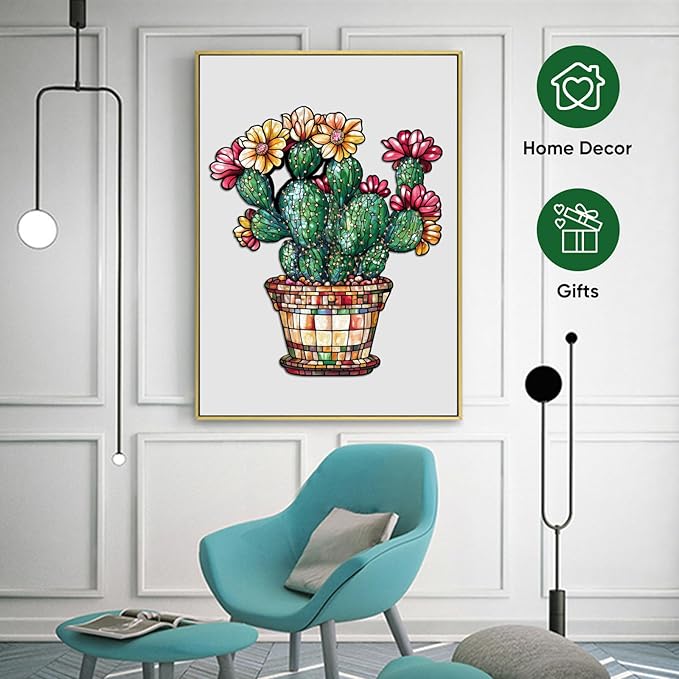 Delobil Stained Glass Cactus Wooden Puzzles for Adults, 200 Pieces Jigsaw Puzzles, Unique Shaped Medium Size Wood Puzzle Gift for Adults and Kids, Family Game 11.3'' x 13.2''
