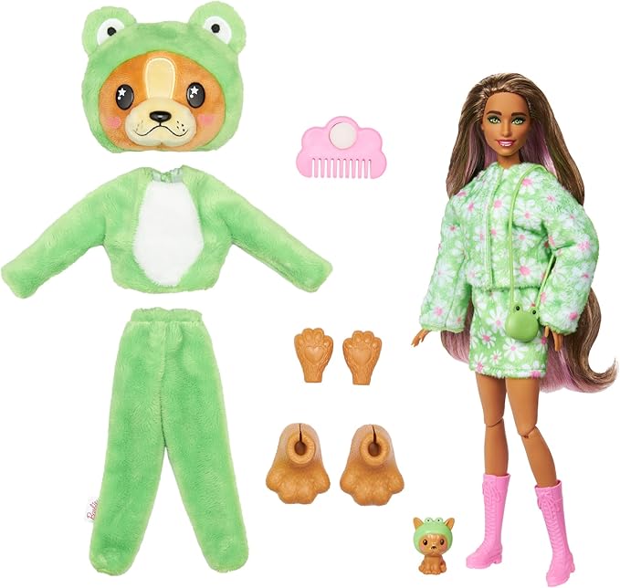Barbie Cutie Reveal Doll & Accessories with Animal Costume & 10 Surprises Including Color Change, Puppy as Frog in Costume-Themed Series