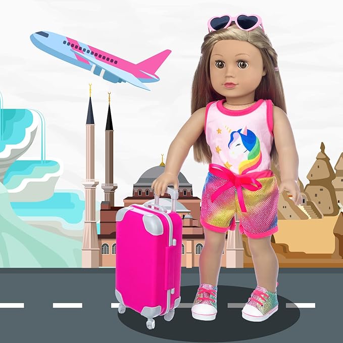 XFEYUE 23 Pcs American 18 inch Doll Clothes and Accessories - Suitcase Luggage , Pillow, Sunglasses, Camera, Passport, Mobile Phone , Computer Doll Travel Gear Play Set (No Dolls)
