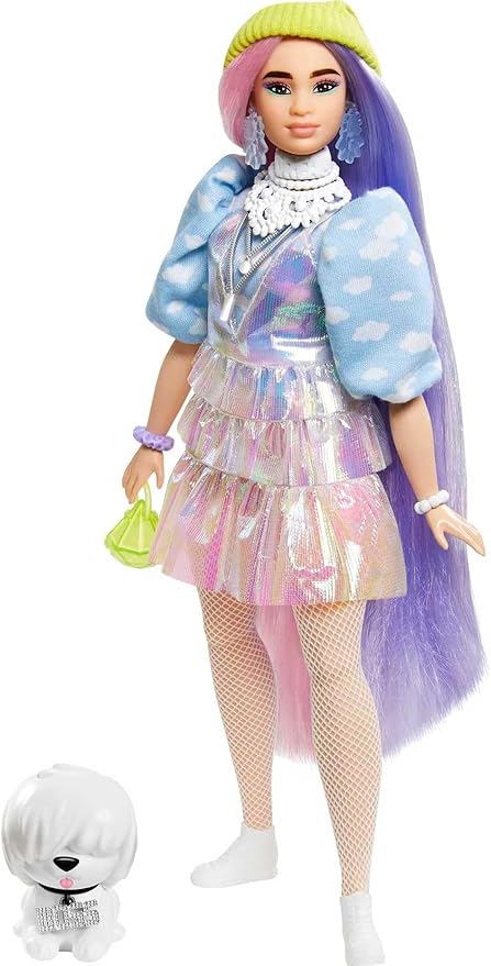 Barbie Extra Doll & Accessories with Shimmery Look, Pink & Purple Fantasy Hair & Neon Beanie with Pet Puppy