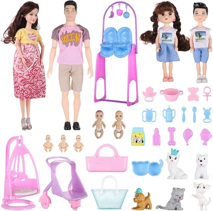 Pregnant Doll with Baby in Tummy, 34PCS Family Dolls Set of 6 People with Pets Included Dad Pregnant Mom 2 Kids Baby Boy and Infants Pregnant Doll Accessories for Aged 3-12 Girls Boys Gift
