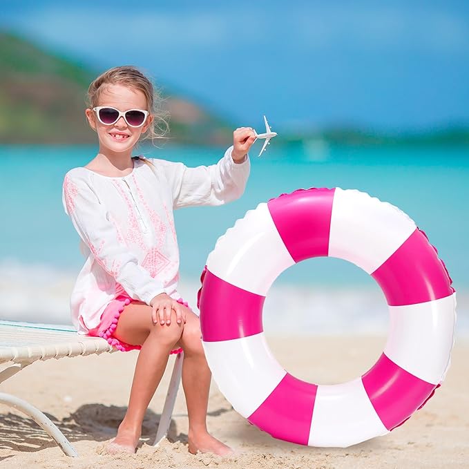 Whaline 4Pcs Inflatable Swimming Float Toy Striped Swim Ring Fun Print Pool Lounger Tube for Summer Swimming Beach Party