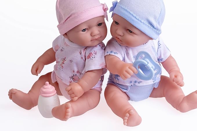 Berenguer Boutique Realistic La Newborn 12.5" Washable Vinyl Twins | Blue and Pink Themed Gift Set with Reusable Diaper, Caps, Shirts, Pacifier, Bottles and Birth Certificate - JC Toys