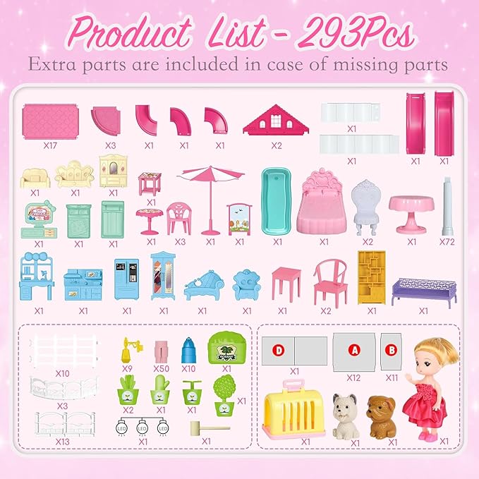 Villa Toys for Girls, 4 Stories 12 Rooms Villa Playhouse with Lights, Doll, Furniture, Bathtub, and Accessories, DIY Pretend Toddlers House kit for 3 4 5 6 7 8 9 10 Year Old Kids