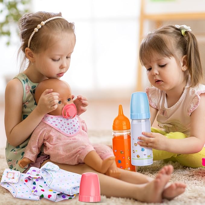 10 Pcs Baby Doll Accessories Set Pretend Feeding and Caring Play Toy Set with Magic Disappearing Milk and Juice Bottles, Pacifier, Bibs, Diapers Baby Doll Stuff for Kids Girls Birthday Party Gifts