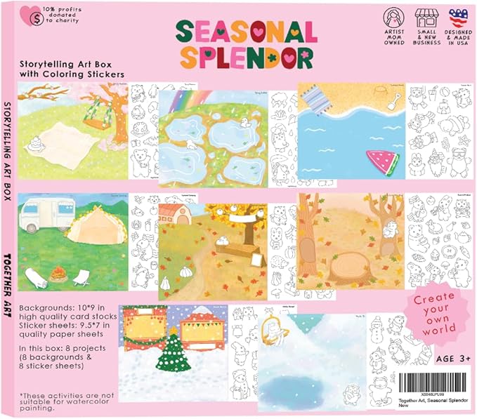 Seasonal Splendor Color Your Own Storytelling Sticker Kit – Coloring Your Own Stickers DIY Set for Kids 4-10 – 8 Hand-Drawn Seasonal Scenes – Designed & Assembled in USA