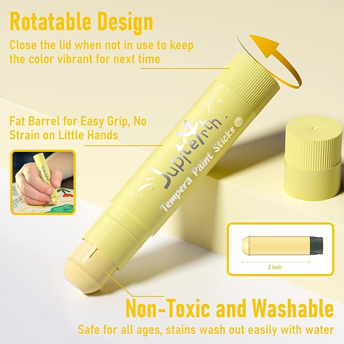 JUPITEARTH 36 Colors Tempera Paint Sticks with 120 PDF Coloring Pages and 30 Stickers, Quick Drying, Smooth, Non-Toxic and Washable Paint Sticks for Kids Drawing on Pumpkin, Wood, Rock, Glass