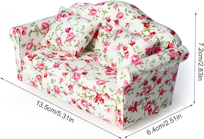 Dollhouse Couch Miniature Sofa with Pillows Dollhouse Living Room Funiture 1:12 Scale Model 3 Pcs High Simulation Upholstered Wooden Fabric Armchair Mini Room Artificial House Scene Decoration (Rose)