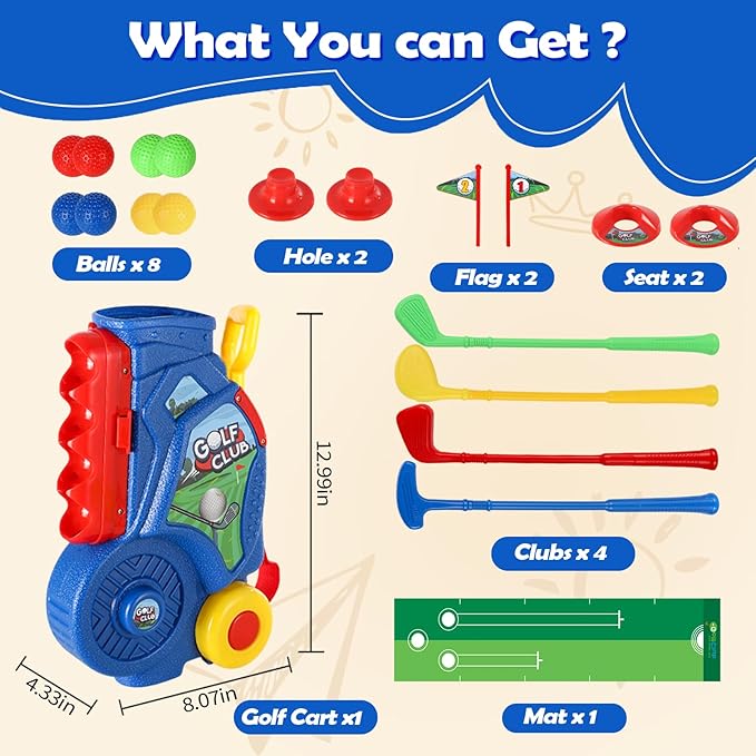 SUPER JOY Toddler Golf Set with Mat, Kids Golf Cart with 4 Clubs & 8 Balls, Indoor Outdoor Golf Toys for Boys Girls, Mini Golf Birthday Gifts for Baby 3-5 Years Old