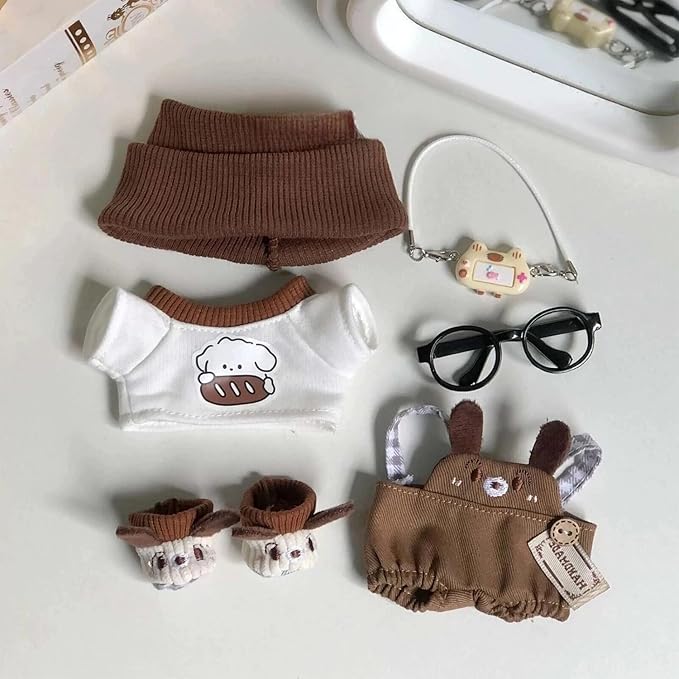 6 Set 17cm Doll Clothes, Clothes for Dolls Outfit, Accessories for 17cm Dolls Clothes T-Shirt + Overalls + Hat + Small Camera + Glasses + Shoes, No Doll Included