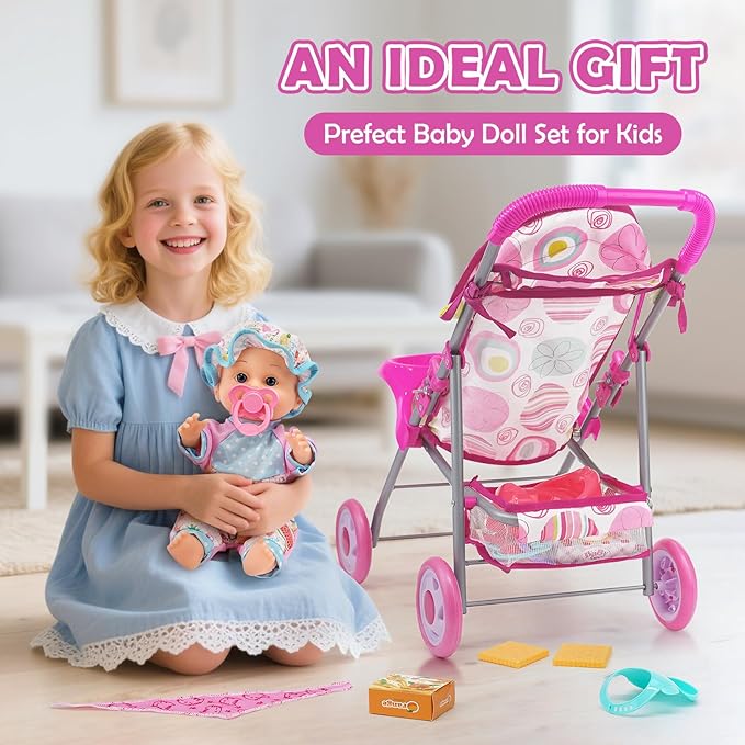 Baby Doll Stroller Set with 12.5" Doll, Baby Dining Table, Backpack with Carrier, 21 PCS Baby Doll Accessories Stroller Toys, 2 Sets Doll Clothes, Feeding Set Girls Toddlers Gifts for Pretend Play
