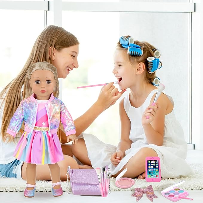 UNICORN ELEMENT American 18 Inch Doll Makeup Accessories and Clothes,Sequin Backpack Set for 18" Dolls Include Skirt Bracelet Hair Clip Phone and Makeup Sets(No Doll and Shoes