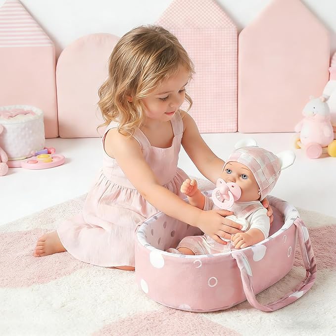 12 Inches Baby Doll Toys Set with Accessories, Includes Doll Carrier Bassinet Bed, Pacifier and Blanket, First Baby Doll for Toddler Girls Age 3+