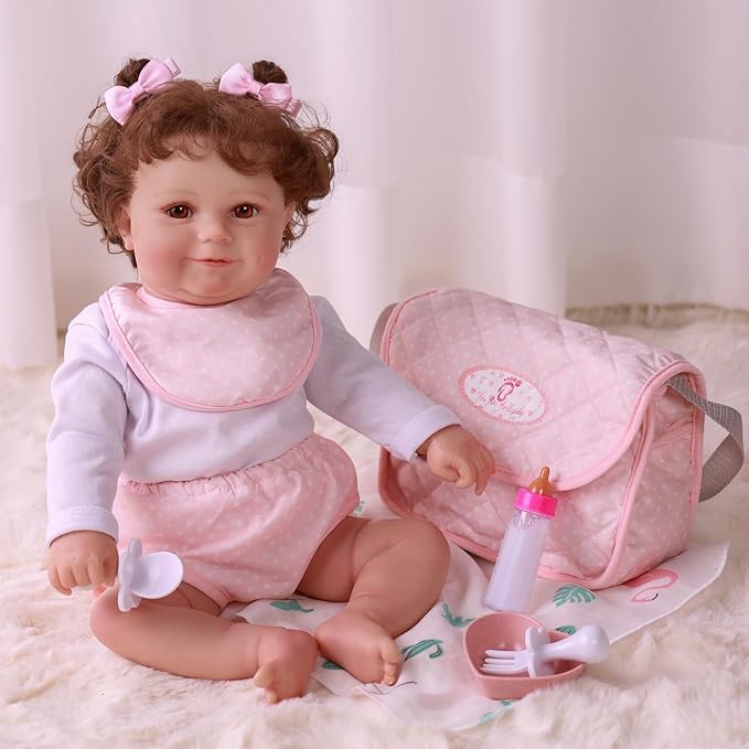 BABESIDE 8 Pcs Baby Doll Diaper Bag Set for 17-22 inch Dolls, Baby Doll Feeding Accessories with Disappearing Milk Toy Bottle and Spoon Fork Bowl for Pretend Play Toys, Pink