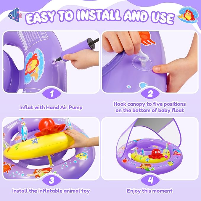 Baby Pool Float with UPF50+ Sun Protection Canopy, Inflatable Mermaid Baby Swim Float with Double Air Chambers, Adjustable Safety Seat & Toy Console Toddler Pool Float for 6-36 Months Boys Girls