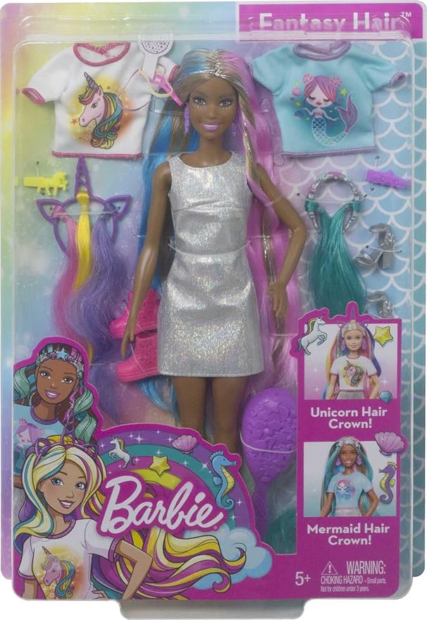 Barbie Fantasy Hair Doll & Accessories, Long Colorful Brunette Hair with Mermaid and Unicorn-Inspired Clothes