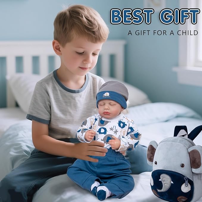 12 Pcs Reborn Baby Dolls Clothes Boy Outfit Accessories Elephant Theme Set for 17-22 Inch Reborn Dolls Newborn Boy with Elephant Backpack Diaper