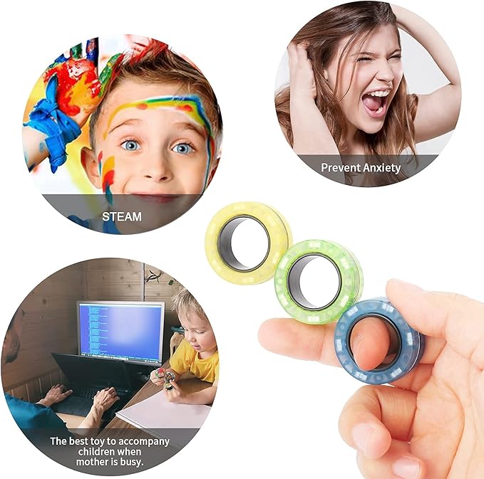 (6PCS) Magnetic Rings Fidget Toy Set, Idea ADHD Fidget Toys, Adult Fidget Magnets Spinner Rings for Anxiety Relief Therapy, Fidget Pack Great Gift for Adults Teens Kids
