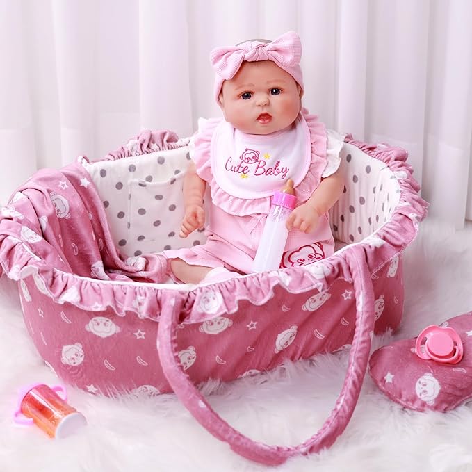 BABESIDE 10 Pcs Reborn Baby Doll Clothes and Accessories Set with Bassinet for 17-22 Inch Dolls, Baby Doll Accessories with Bottles Pacifier for Newborn Dolls Girls, Pink & Bean Paste Color