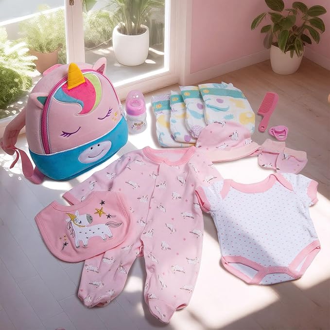 13 Pcs Reborn Baby Dolls Girl Clothes Accessories Pink Unicorn Theme Outfit Set for 17-22 Inch Reborn Dolls Newborn Girl with Unicorn Backpack Diaper