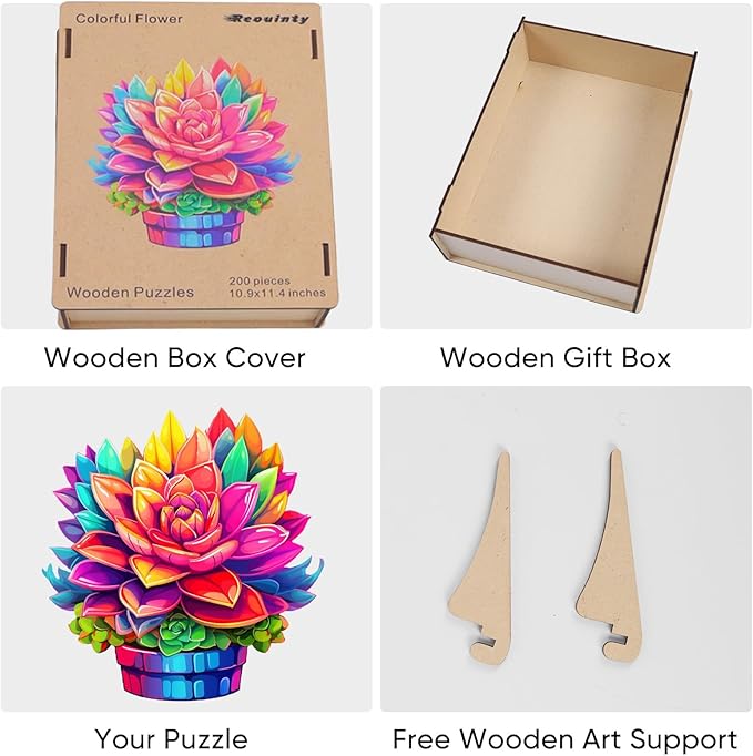 Reouinty Mother's Day Wooden Puzzles for Adults, Colorful Flower Pot Jigsaw Puzzle, Unique Plant Shaped Puzzle Pieces, Wood Puzzle with Beautiful Package, Best Gift for Family Game 11.2x11.2 in
