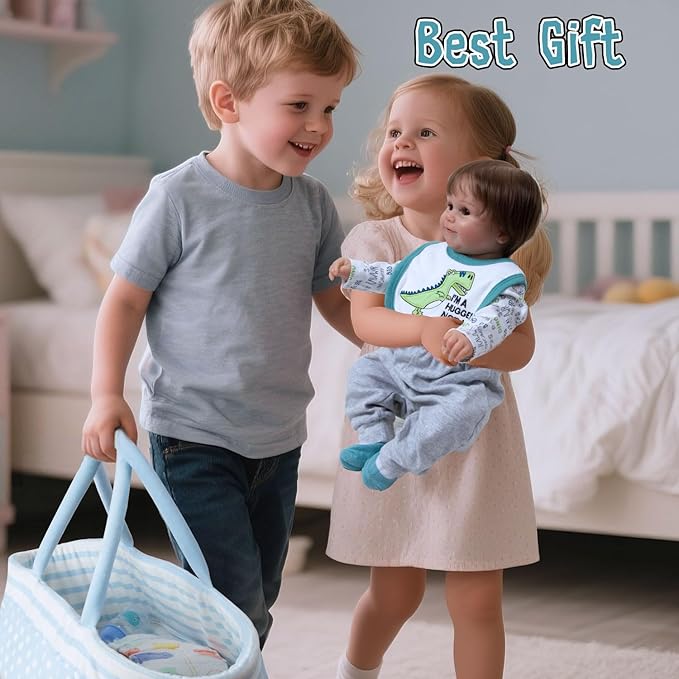 12Pcs Reborn Boy Baby Doll Clothes Accessories Dinosaur Clothes for Reborn Baby Doll 17-22 Inch Realistic Outfits with Bassinet Diapers Blue Newborn Doll Stuffs