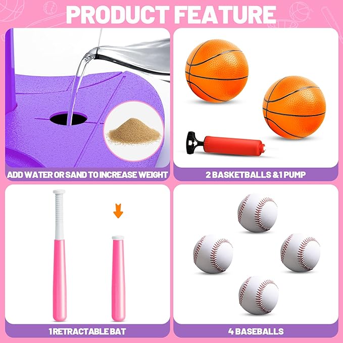 3 in 1 Kids Basketball Hoop and T Ball Set, Adjustable Height Toddler Basketball Hoop, Hanging Tee Baseball, Indoor Outdoor Sports Toys Gifts for Toddlers Boys Girls Ages 3 4 5 Year(Blue
