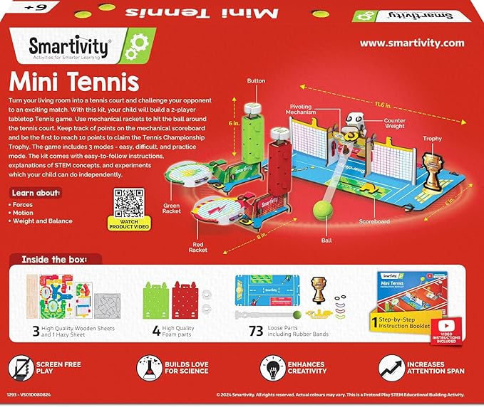 Smartivity DIY Tabletop Tennis - Pickleball Game for Kids 6 to 12, 2 Player STEM Toy with Mechanical Rackets & Scoreboard, Christmas, Birthday Gift for Boys & Girls Age 6, 7, 8, 9, 10, 11, 12 Years