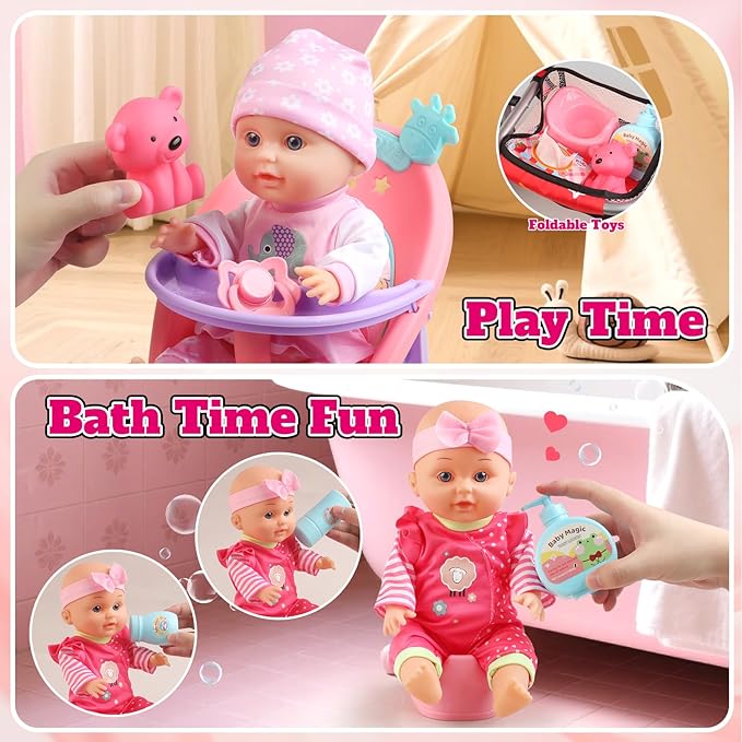 Baby Doll Stroller Set - A 12.5" Baby Doll with Doll Accessories & 2 Sets Clothes, Baby Doll Stroller for Toddlers 3-5, Doll Playset Toy Stroller for Kids, Gifts for Girls 3 4 5 Year Old Girls Toys